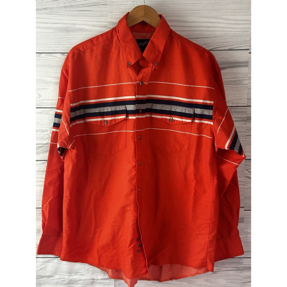Wrangler Mens Size 17.5 x 36 Orange Navy White Stripe Button Up XL Vintage j426